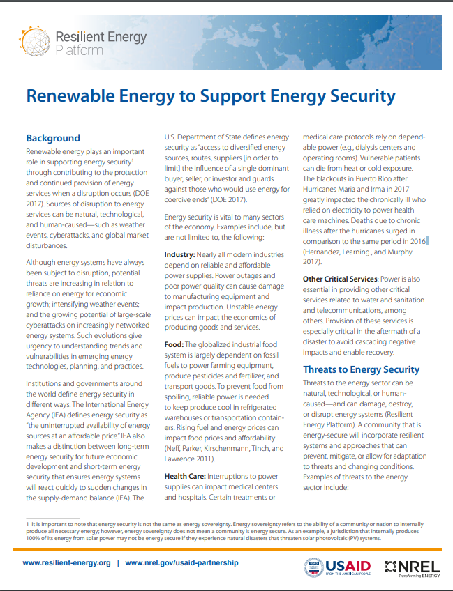 New fact sheet released: Renewable Energy to Support Energy Security —  Resilient Energy Platform